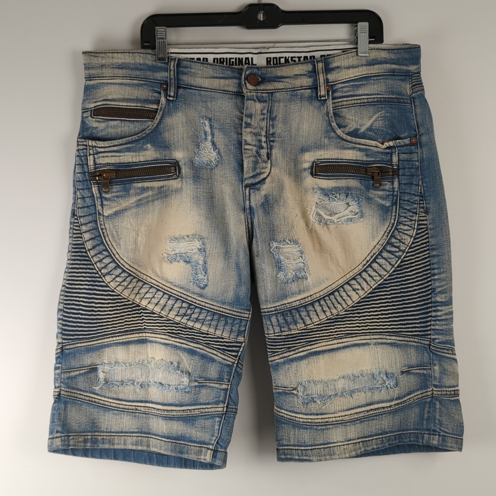 Rockstar Sushi Men's Distressed Biker Denim Jean Shorts - 36 NWT
